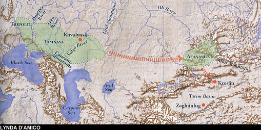 Tracking Tarim Mummies - books - archeaology.org - Map